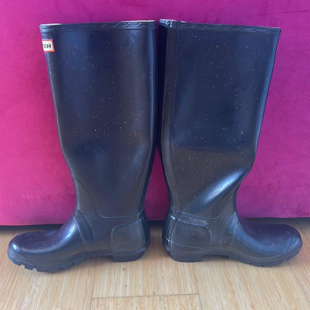 Hunter tall rain boots black glitter